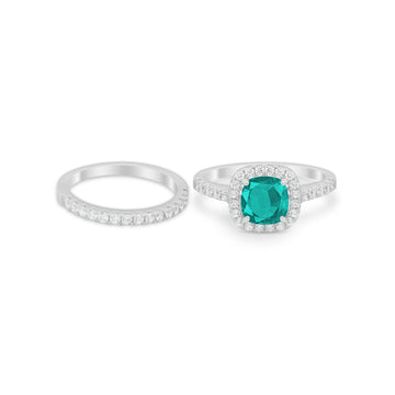 Two Piece Cushion Art Deco Wedding Ring Simulated Paraiba Tourmaline CZ 925 Sterling Silver